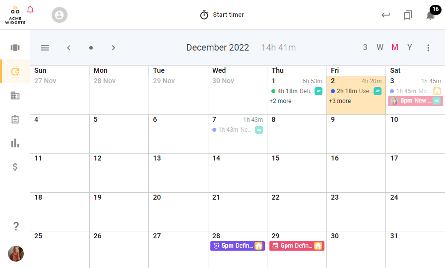 A screenshot of todo.vu's time billing calendar interface in its Month view.