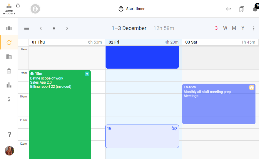 A screenshot of todo.vu's time billing calendar interface in its 3 Day Rolling view.