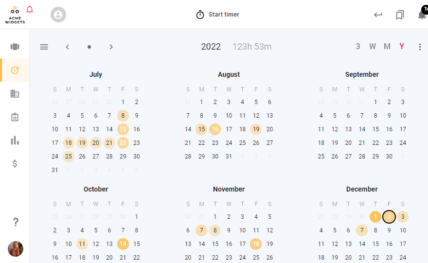 A screenshot of todo.vu's time billing calendar interface in its Year view.