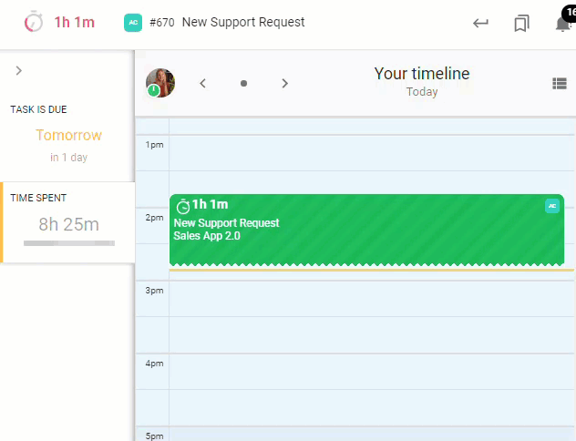 An animated GIF of todo.vu's time billing interface, demonstrating a user tracking time directly on a task (New Support Request).