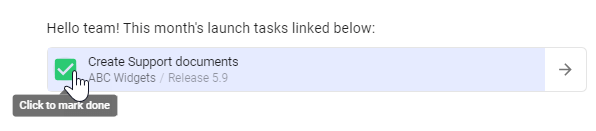 A screenshot of a live task reference on a todo.vu task, demonstrating how to change the workflow status of the referenced task from the task link block.