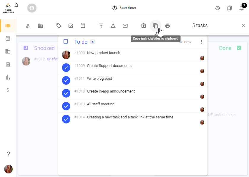 A screenshot of bulk copying todo.vu task IDs and titles for easy printing, emailing, or task referencing.