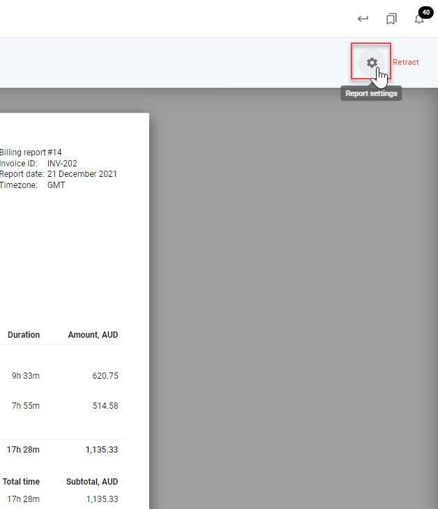 A screenshot of a published Billing Report in todo.vu, indicating where a user can access published Billing Report settings to adjust their report, such as to hide cost entries and more. 