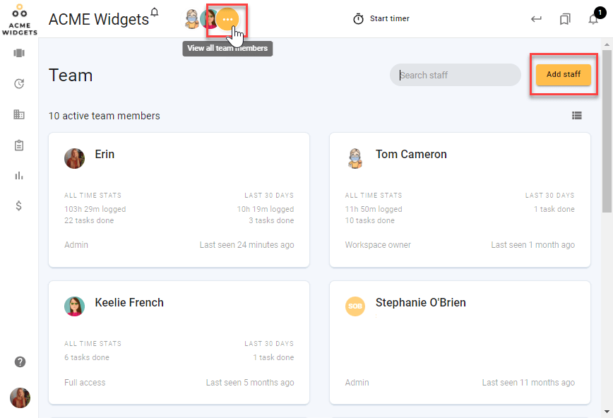 A screenshot of todo.vu time tracking and billing software, indicating how a User can navigate to their ‘Teams page’ and select ‘Add staff’ to begin the process of inviting a new User into todo.vu and to collaborate in their Workspace.