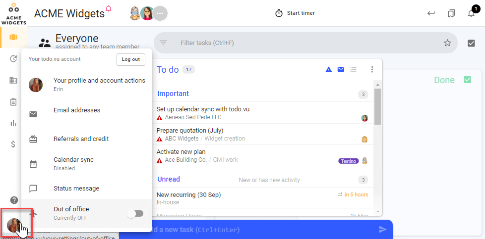 A screenshot of todo.vu time tracking and billing software, indicating where a User must navigate to access their User Account settings.