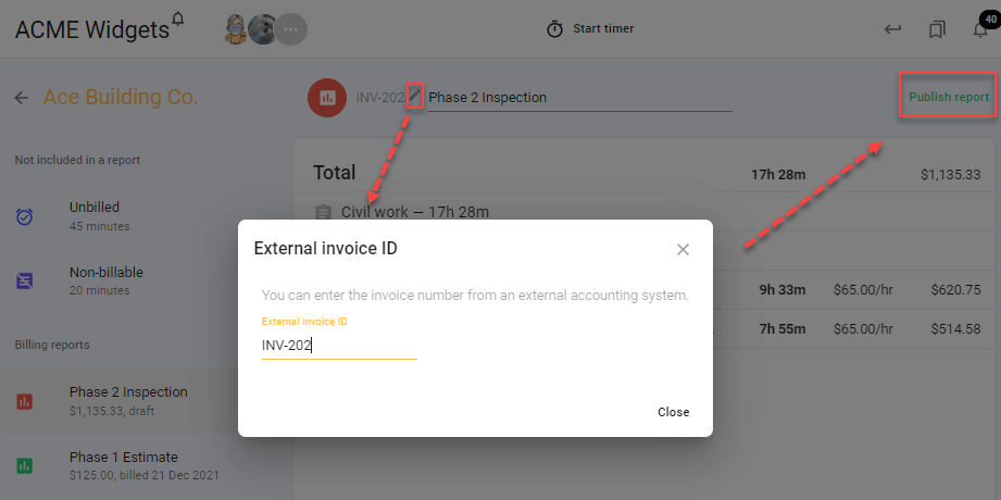 Screenshot showing where users can add an External invoice ID to a new time billing report, and where they can publish their time billing report.