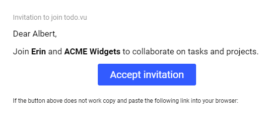 A screenshot of an invited User’s email invitation to join a todo.vu Workspace to manage and track their time, tasks, projects and billing. 