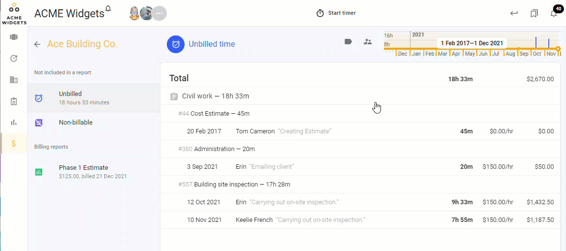 An animated GIF demonstrating how a user can define the parameters of a Billing report in todo.vu.