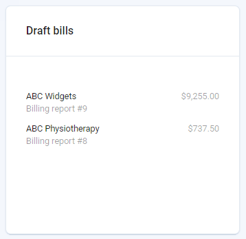 A screenshot of a 'Draft bills' report in todo.vu, depicting which clients a business has created a time billing report for, but which is yet to be published.