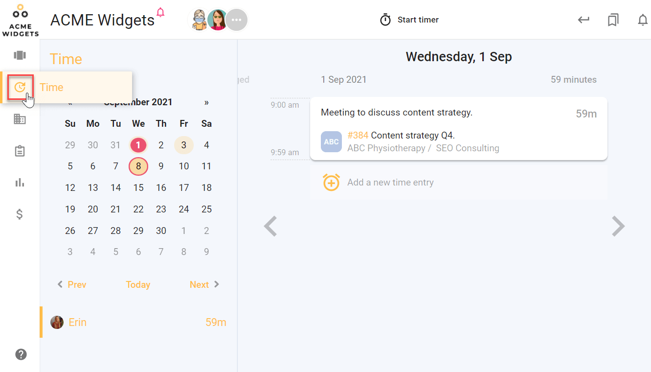 A screenshot of todo.vu's Time Dashboard page, where live and past time tracking data is visually represented in a simple daily calendar view.