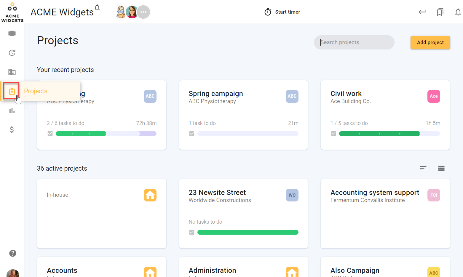 A screenshot of todo.vu's Projects Dashboard.