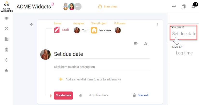 A screenshot in todo.vu demonstrating where a User can add due dates when creating a new task in todo.vu.