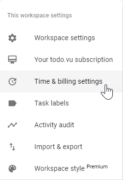 A screenshot of how to navigate to time billing settings in todo.vu. 