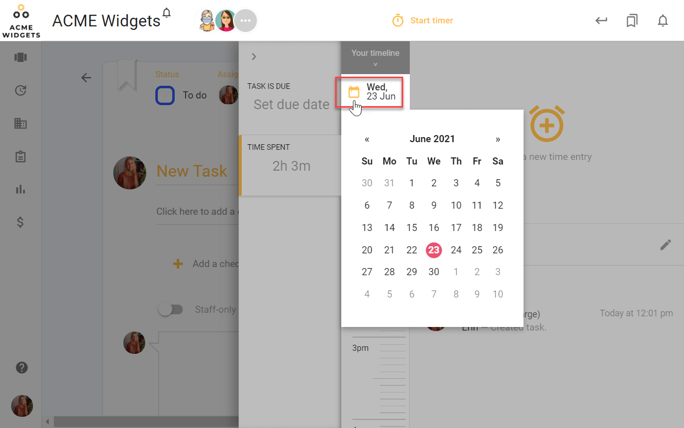 A screenshot of todo.vu's interface demonstrating how to add time to tasks to any day in the past.