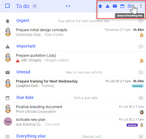 A screenshot of todo.vu's 'To-do' Task listing indicating where a user can quickly navigate to the tasks on the list which haven't been set to 'Show at top' due to a due date, an important marker, or an unread status.