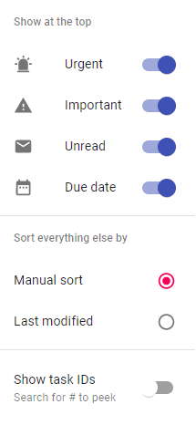 A screenshot of todo.vu's Task sorting settings with all 'Show at top' sorting settings selected.