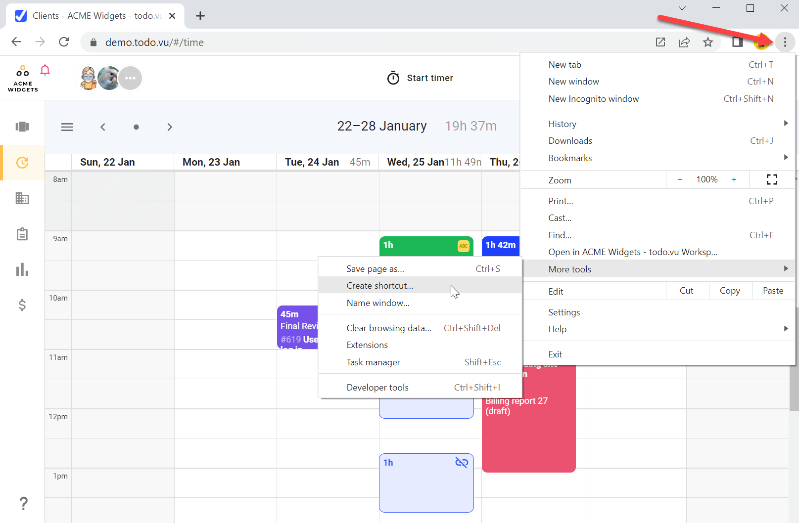 A screenshot of todo.vu time tracking demonstrating where a User can navigate to create an desktop-app-like browser extension on a Chrome browser.