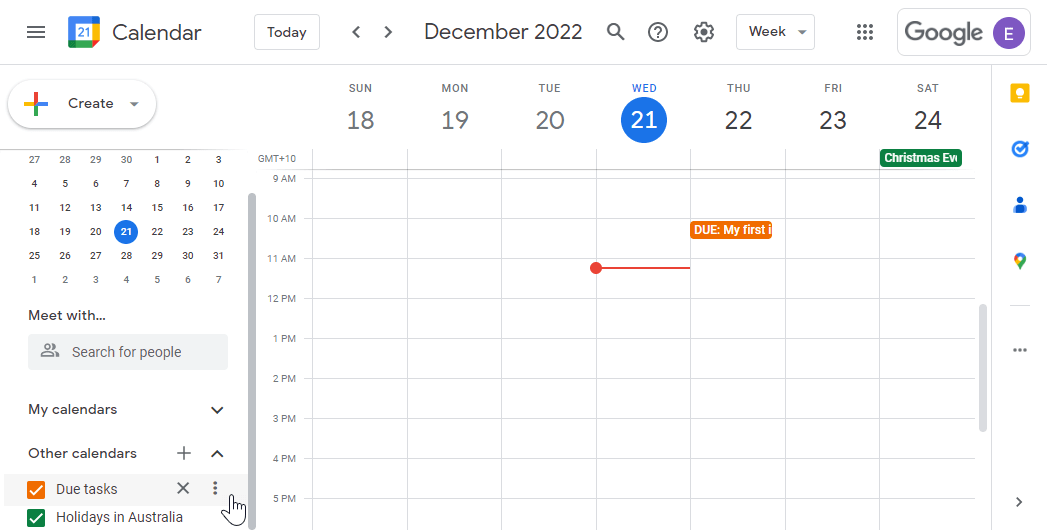A screenshot of accessing todo.vu's iCal link settings on Google Calendar.