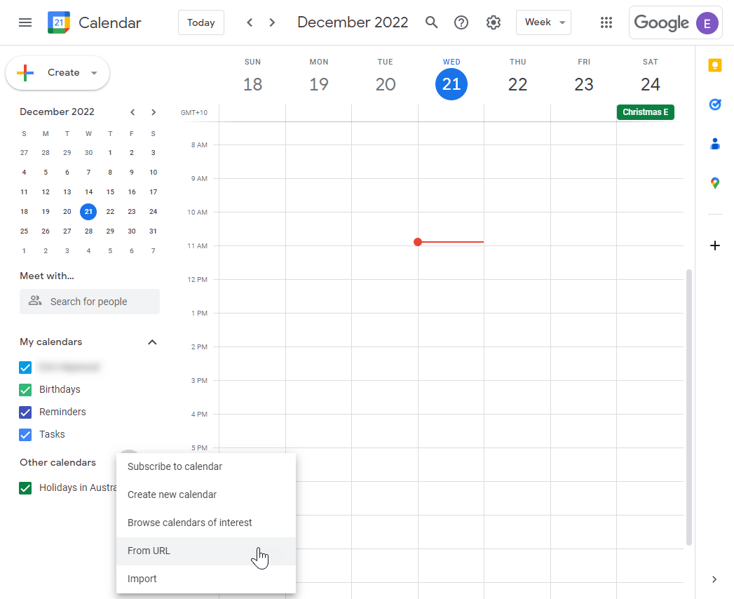A screenshot of Google Calendar, demonstrating where a todo.vu User adds their copied iCal link from todo.vu.