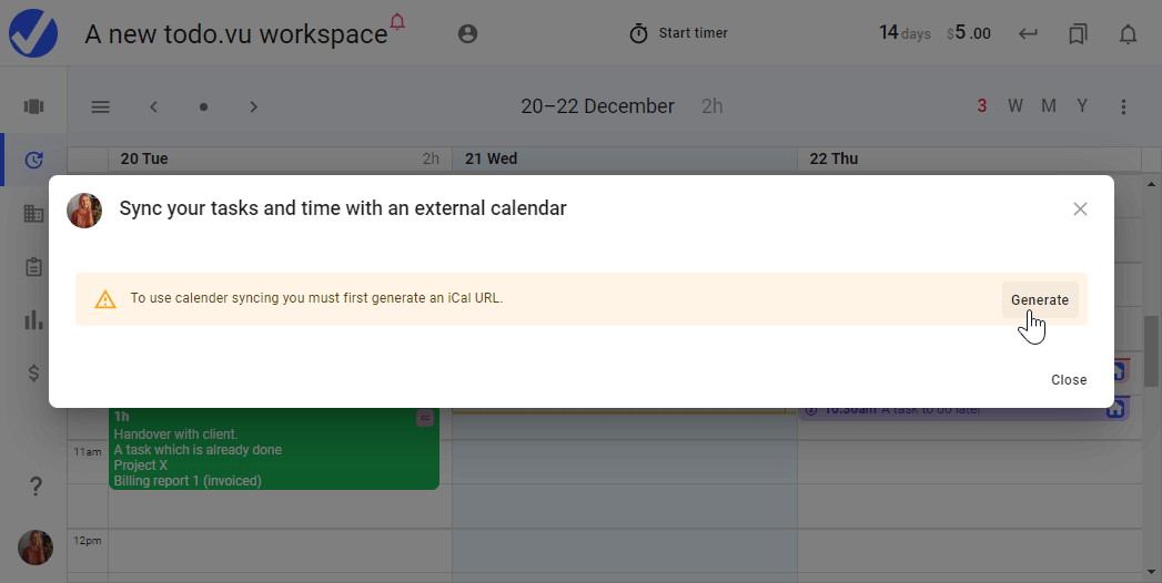 A screenshot of todo.vu time tracking software, demonstrating how a User can generate an iCal link to sync todo.vu time tracking with Google Calendar.