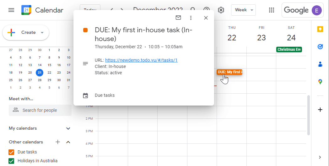 A screenshot of a due task opened on Google Calendar with info about the todo.vu due task and a clickable link to take you directly from Google Calendar to the due task.