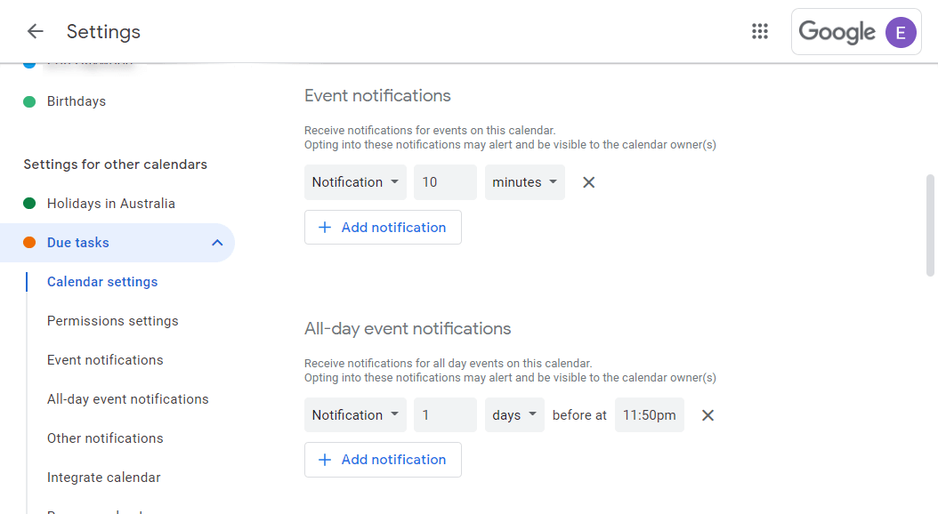 A screenshot of Google Calendar notification settings for a specific added calendar, such as one added via iCal URL from todo.vu. 