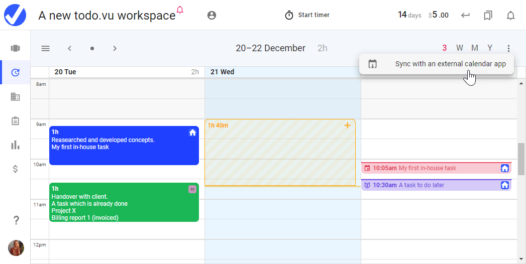 A screenshot of todo.vu time tracking software, demonstrating how a User can sync time tracking with Google Calendar via todo.vu's Calendar.